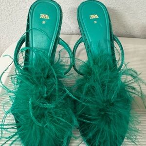 Zara Emerald Feathered Heels